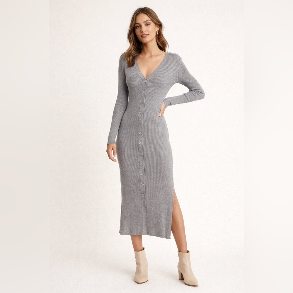 Pink Rose Ribbed Button Front Midi Dress Grey Size Small NWT